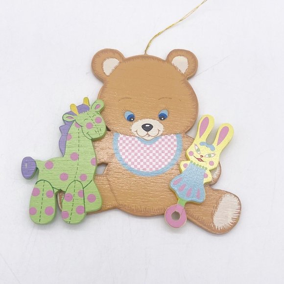 Vintage Wooden Teddy Bear Oranament Holding Rattle Horse Pastel Colors 4" Taiwan - Picture 1 of 8